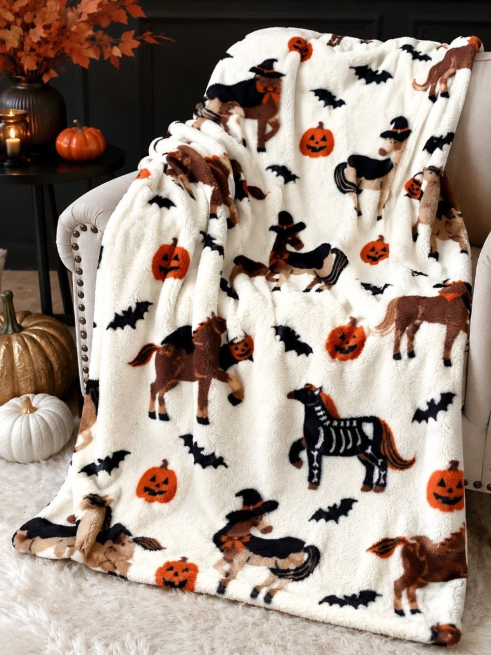 Halloween Horse Pony Fleece Throw Blanket 60x70 Pumpkins Bats Witch Skeleton